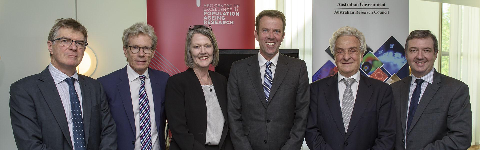 CEPAR launch: Marc de Cure, CEPAR Advisory Board Chair, Nicholas Fisk, Deputy Vice-Chancellor Research, Sue Thomas, CEO ARC, Minister for Education Dan Tehan, CEPAR Director John Piggott, Dean UNSW Business School Chris Styles